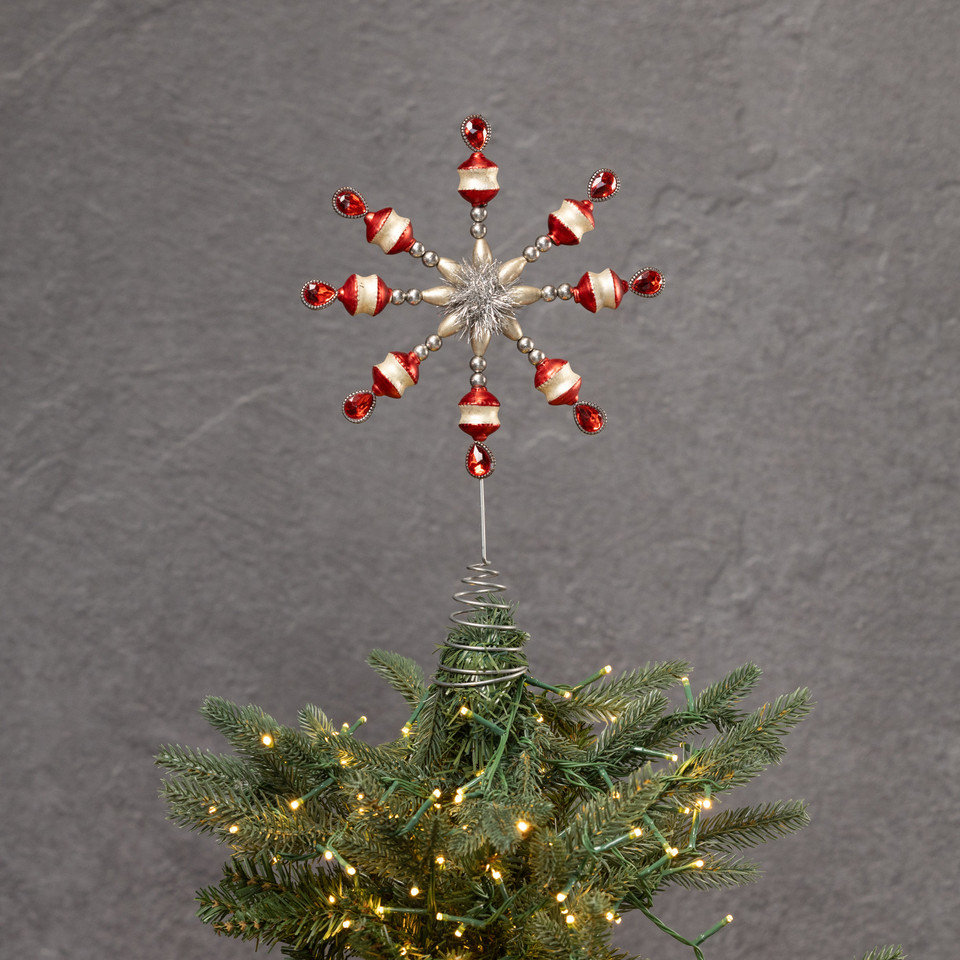 RED & SILVER BEADED SNOWFLAKE TREE TOPPER