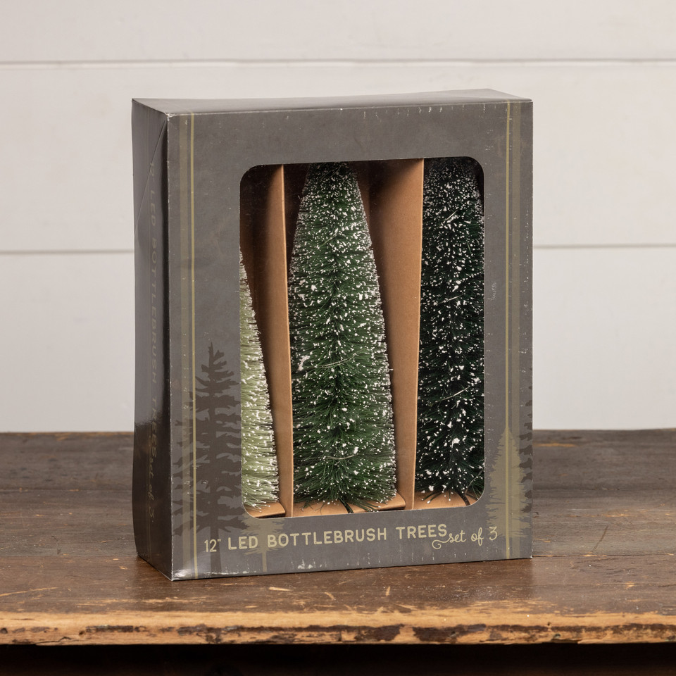 SET/ 3 - 12" LIGHTED GREEN BOTTLEBRUSH TREES