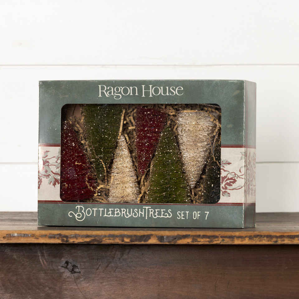 SET/ 7 MEDIUM GLITTERED HOLIDAY BOTTLEBRUSH TREES