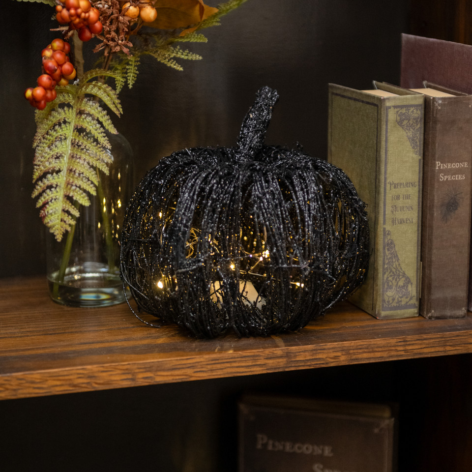 7.5" LIGHTED BLACK GLITTER RATTAN PUMPKIN
