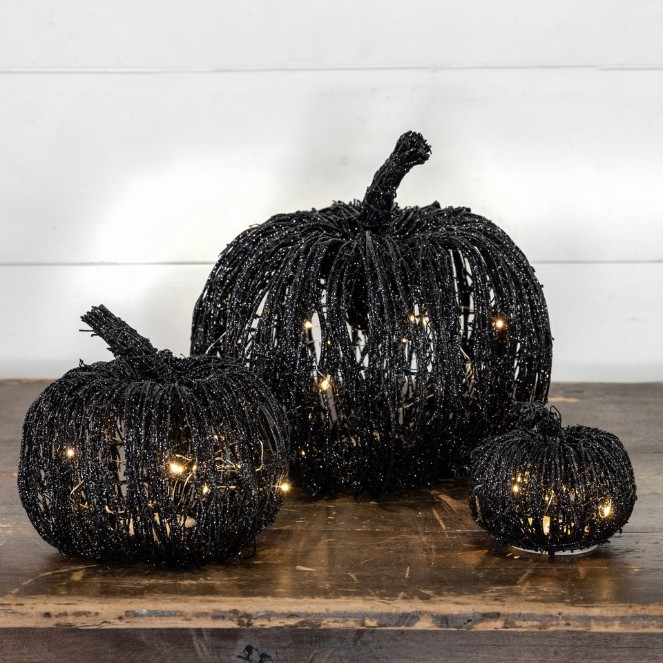 4.5" LIGHTED BLACK GLITTER RATTAN PUMPKIN