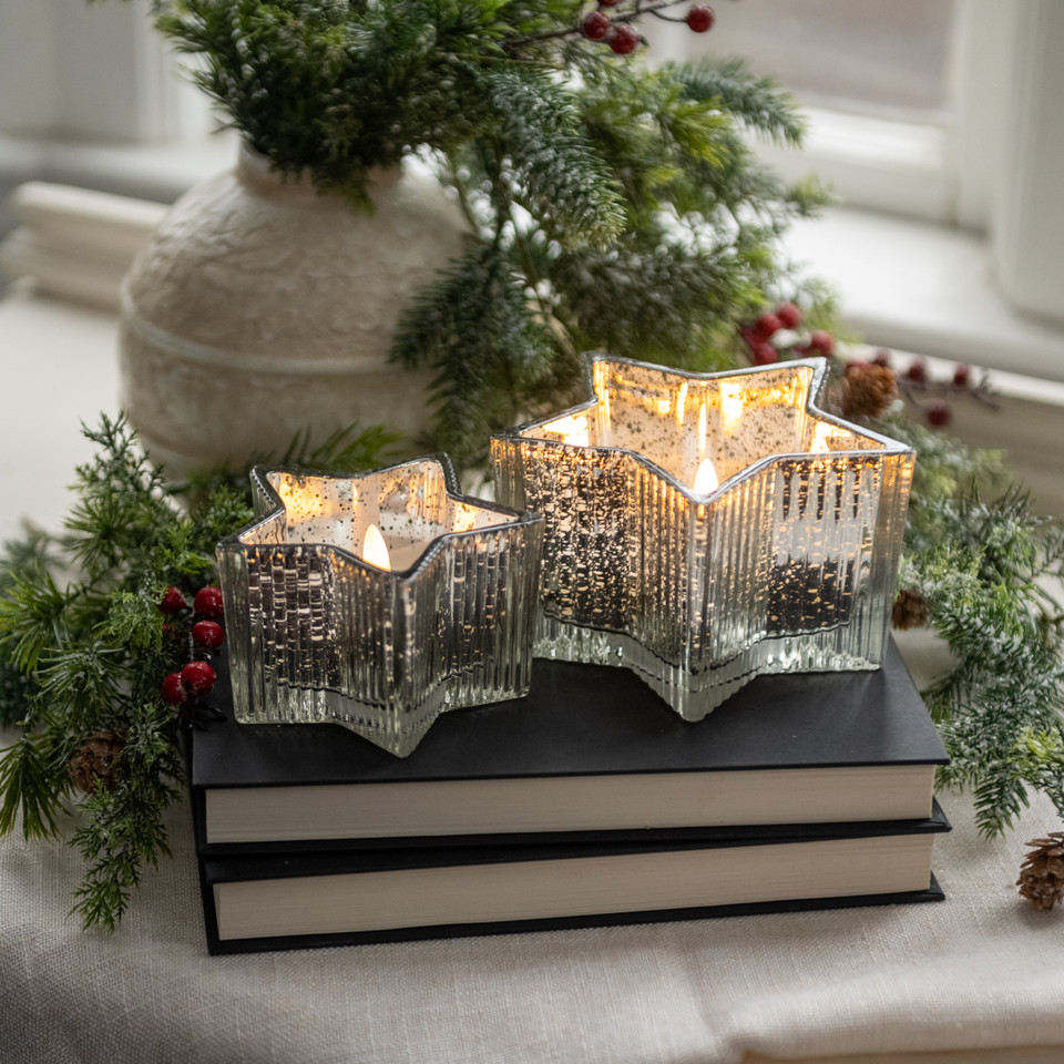 5.5" SILVER MERCURY GLASS STAR 3D FLAME CANDLE