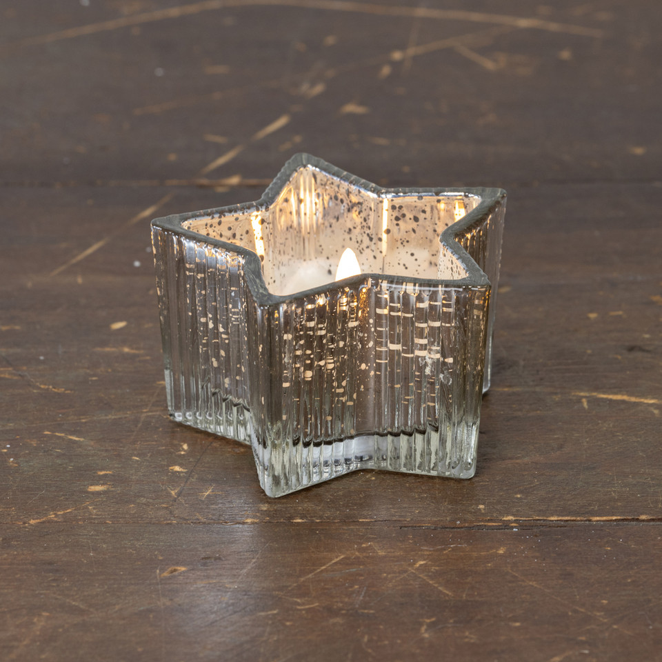 4.5" SILVER MERCURY GLASS STAR 3D FLAME CANDLE