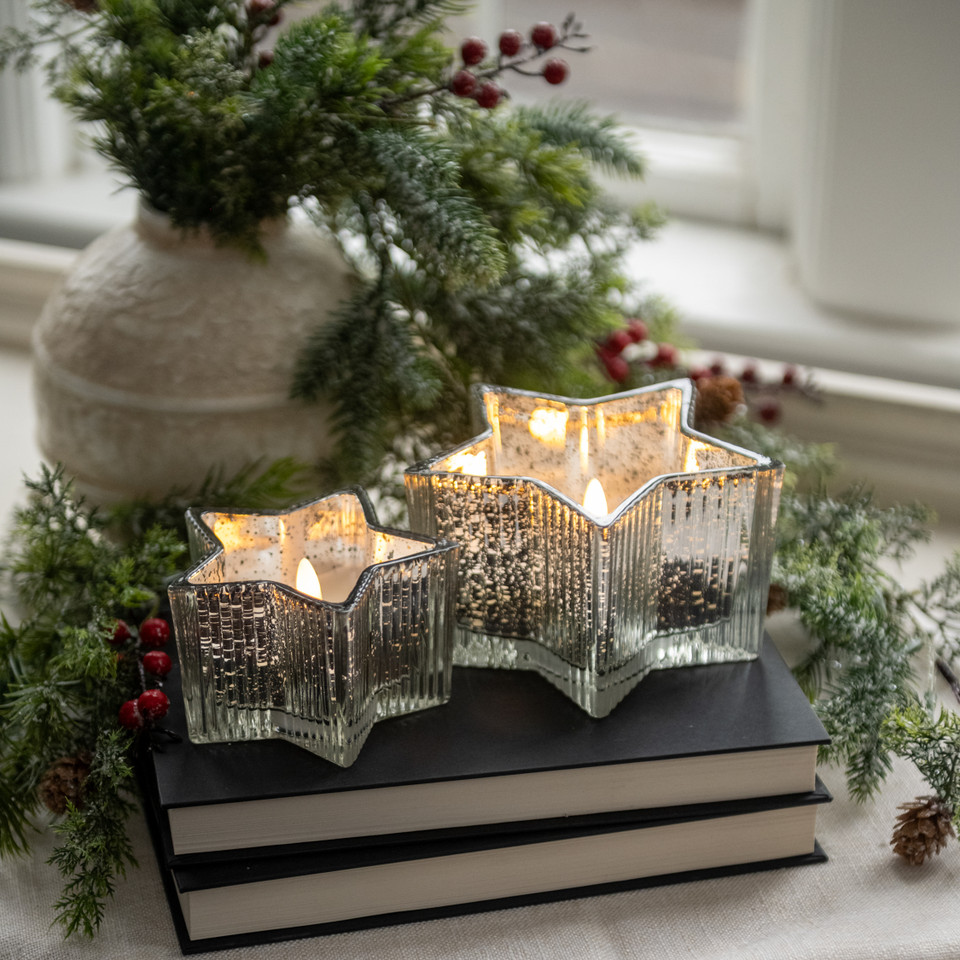 4.5" SILVER MERCURY GLASS STAR 3D FLAME CANDLE