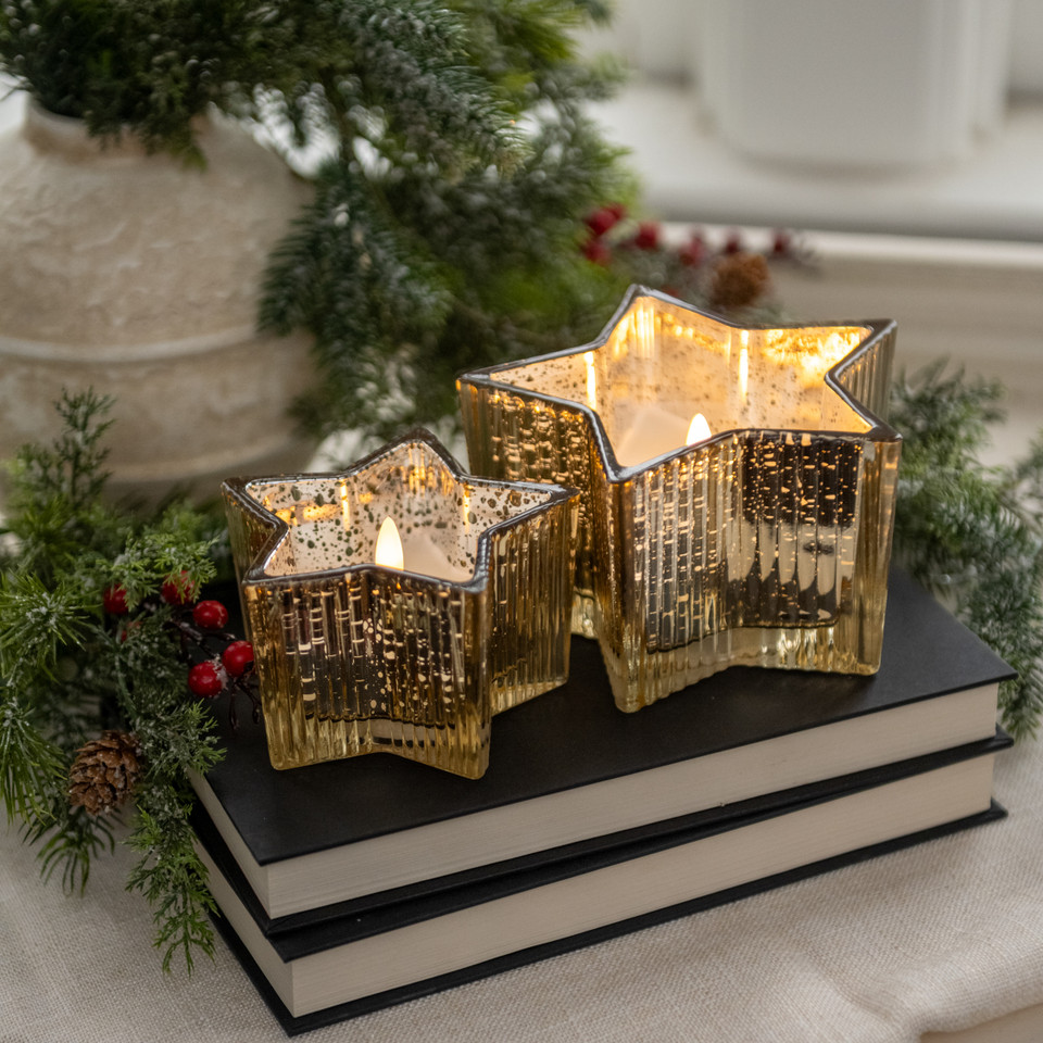 4.5" GOLD MERCURY GLASS STAR 3D FLAME CANDLE