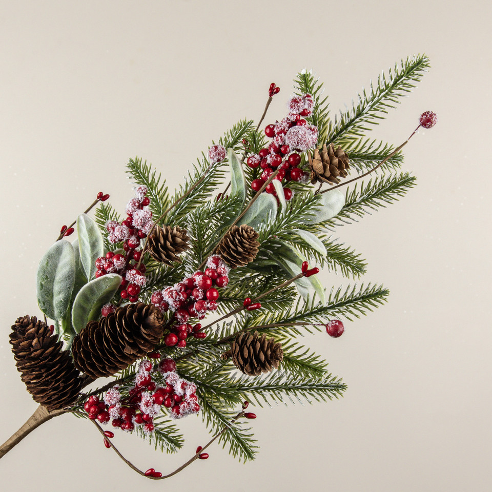 26" SNOWY PINE, LAMB'S EAR & RED BERRY PICK