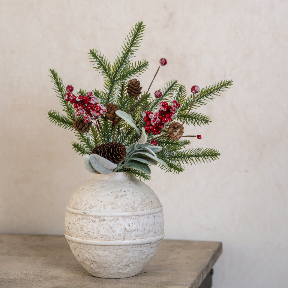 16" SNOWY PINE, LAMB'S EAR & RED BERRY PICK