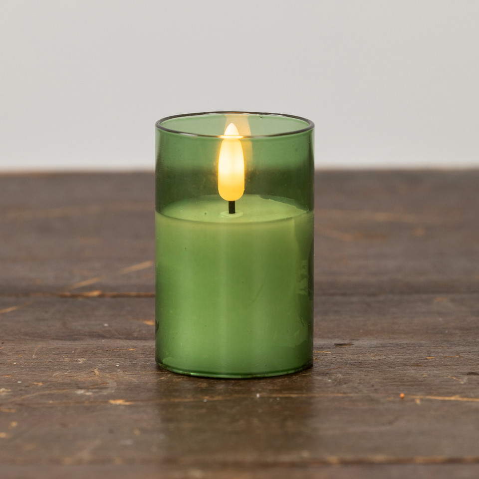 3" PINE GREEN GLASS 3D FLAME CANDLE