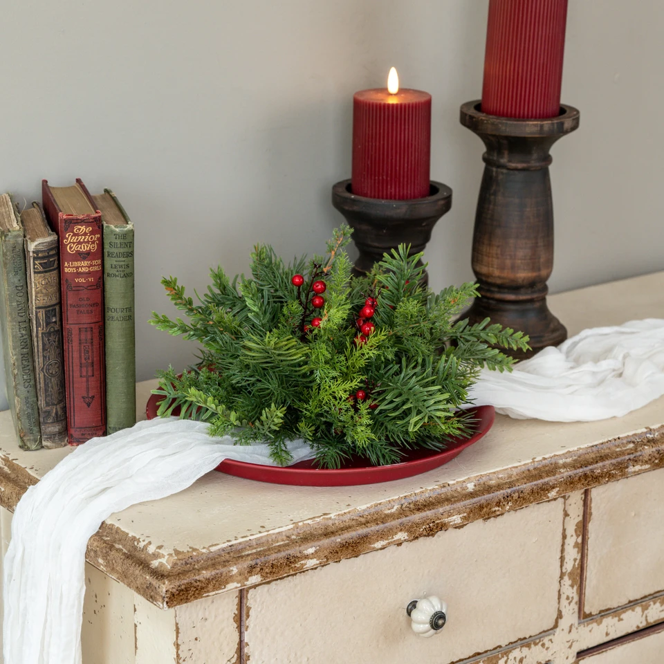 10" MIXED PINE HALF BALL W/ RED BERRIES