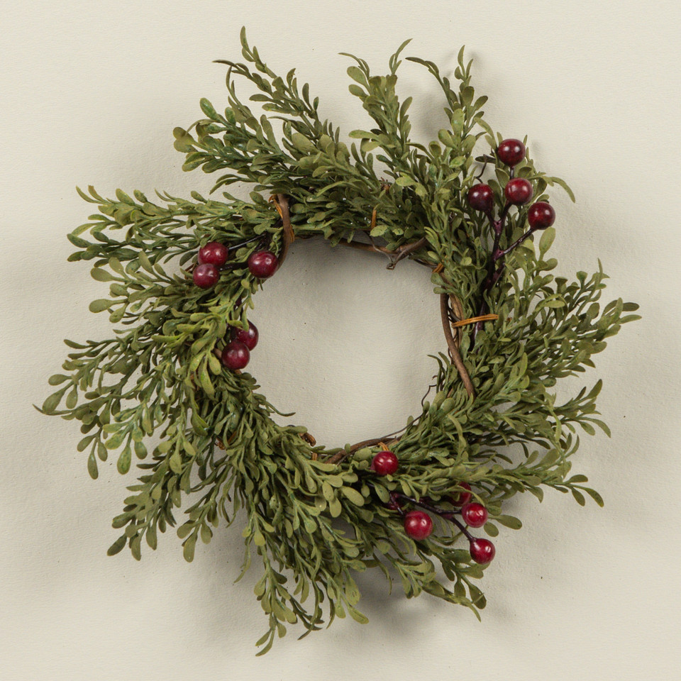 7" MINI LEAF TAPER CANDLE RING W/ BURGUNDY BERRIES