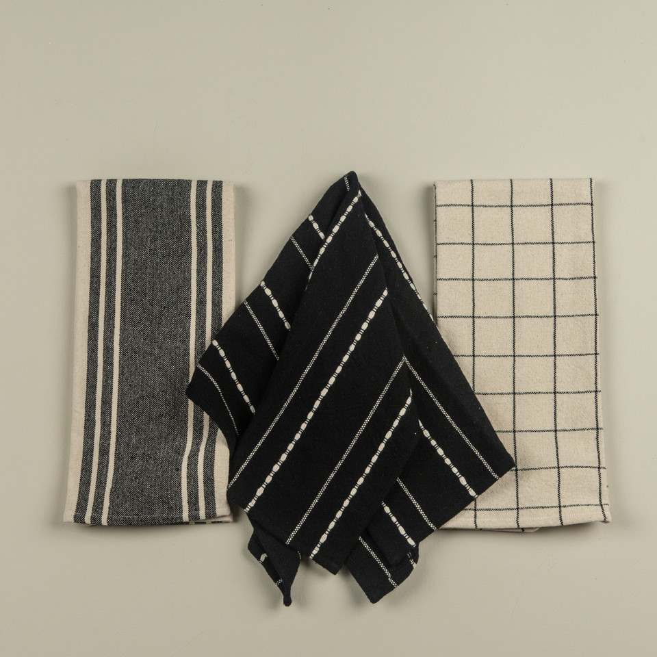 SET/ 3 BLACK & CREAM KITCHEN TOWELS