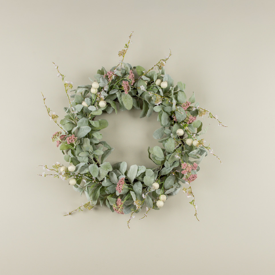 24" PINK BERRY & LAMB'S EAR WREATH