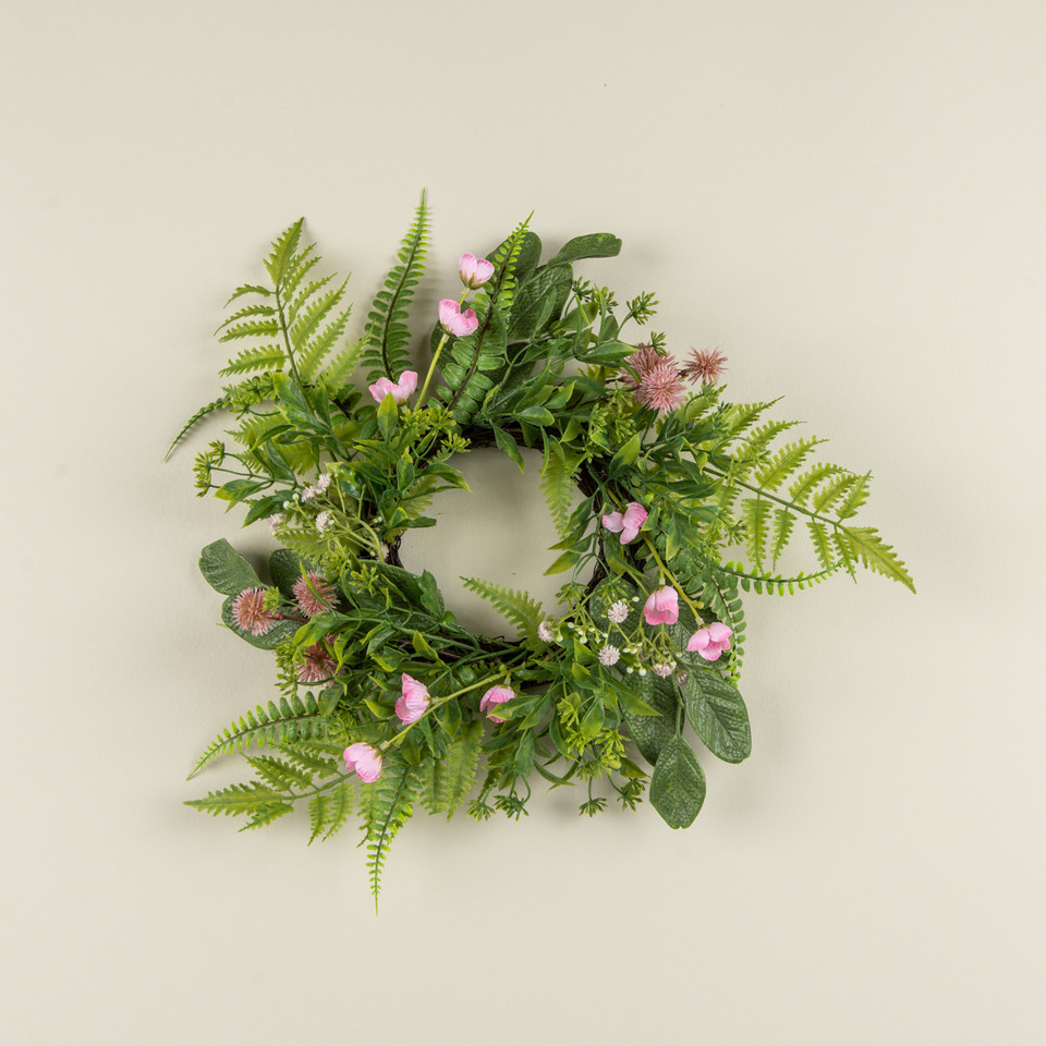 14" PINK ALLIUM & MIXED FOLIAGE CANDLE RING