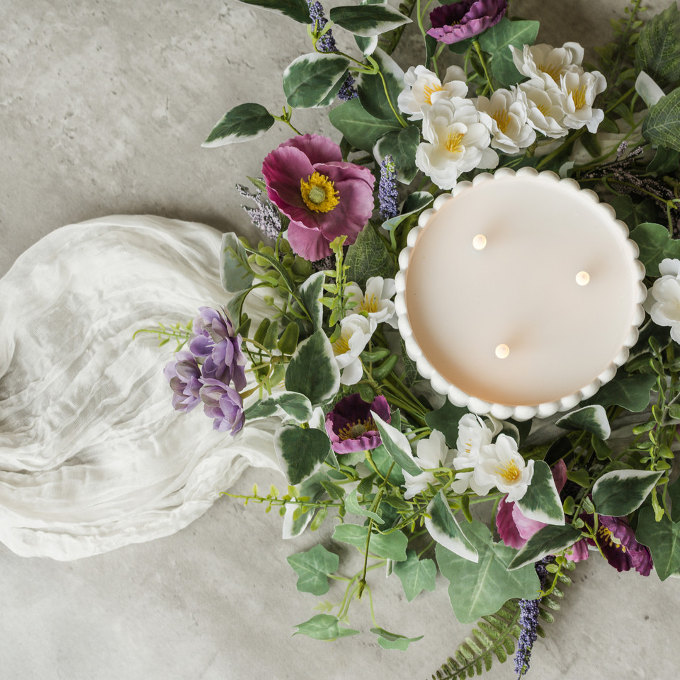 14" PURPLE CHERRY BLOSSOM, LAVENDER & POPPY CANDLE RING