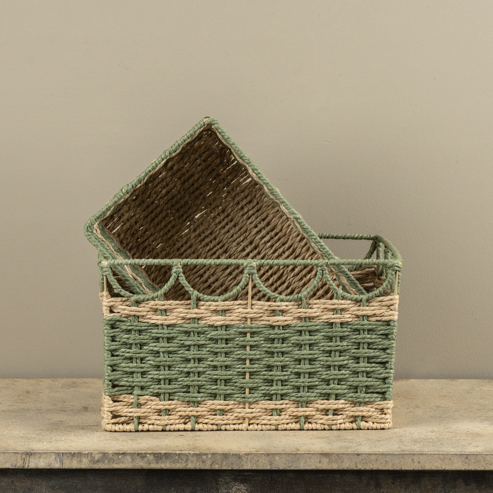 SET/ 2 GREEN & TAN WOVEN BASKETS
