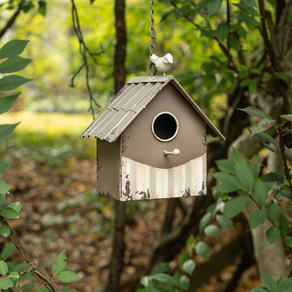 CREAM & TAN BIRDHOUSE W/ BIRD