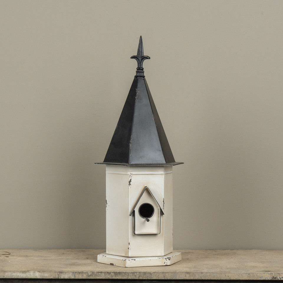WHITE BIRDHOUSE W/ BLACK POINTED ROOF