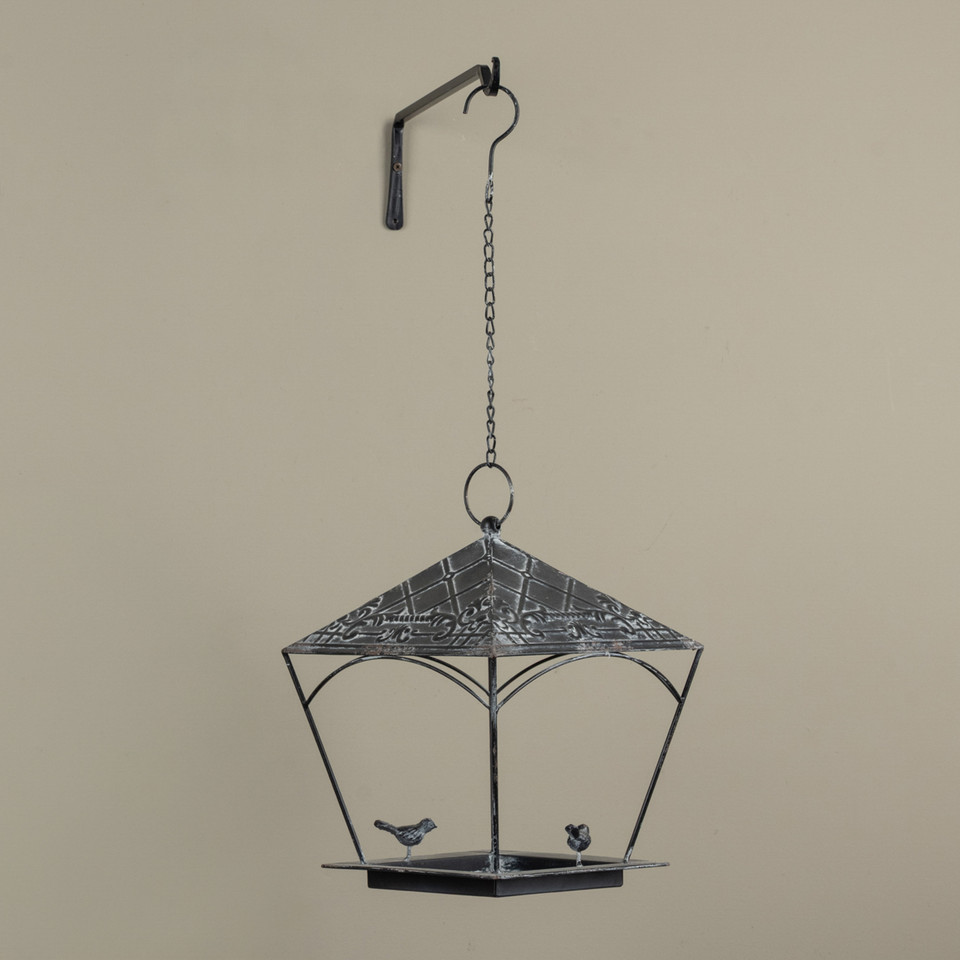 AGED BLACK BIRDFEEDER W/ 2 BIRDS