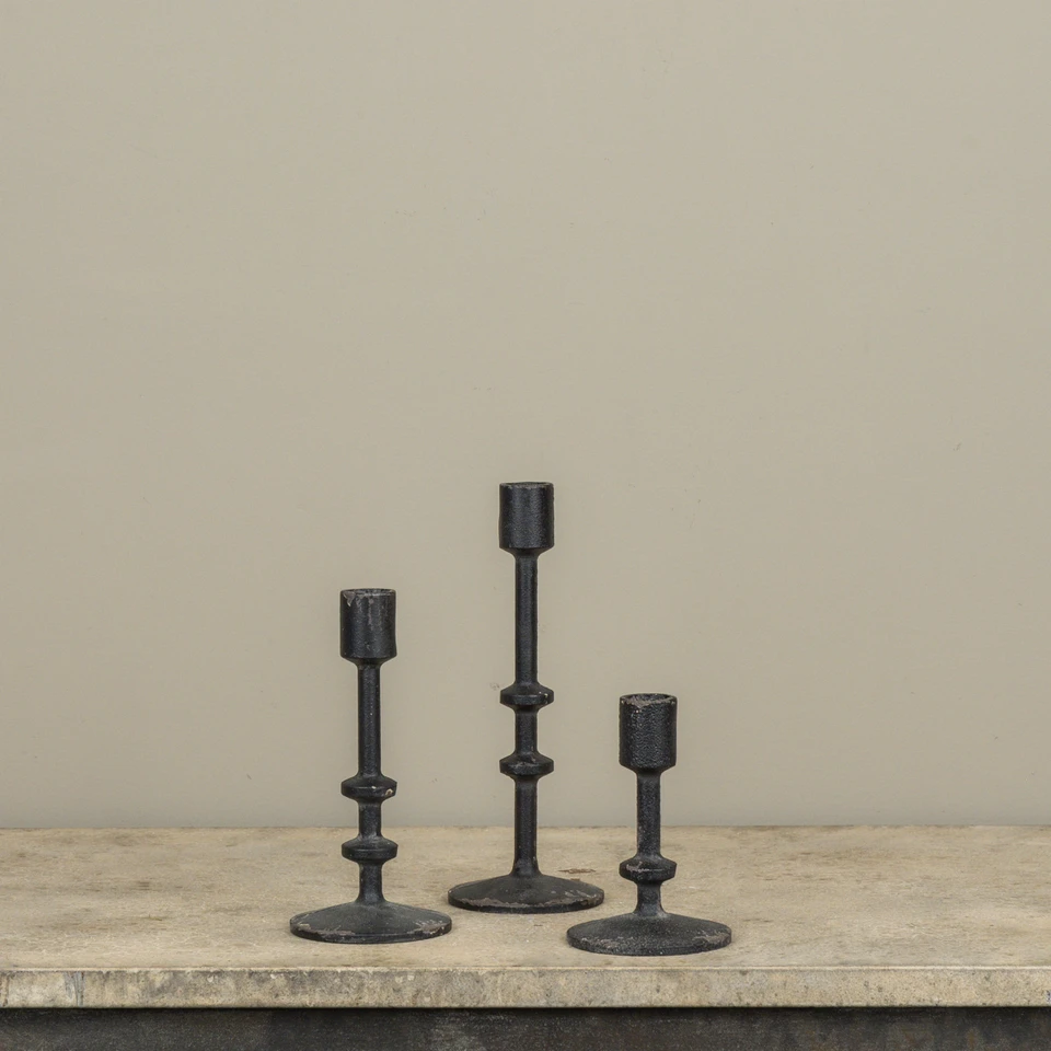 SET/ 3 AGED BLACK TAPER CANDLESTICKS
