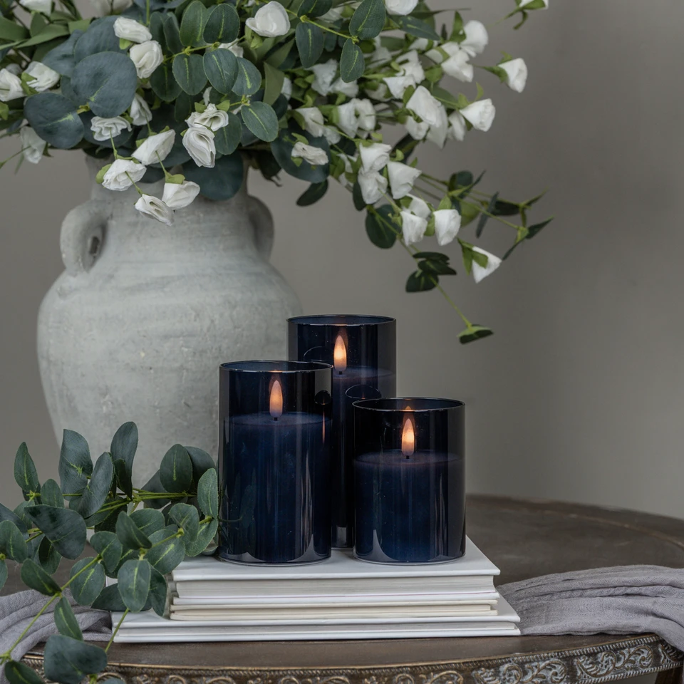 6" NAVY GLASS 3D FLAME CANDLE
