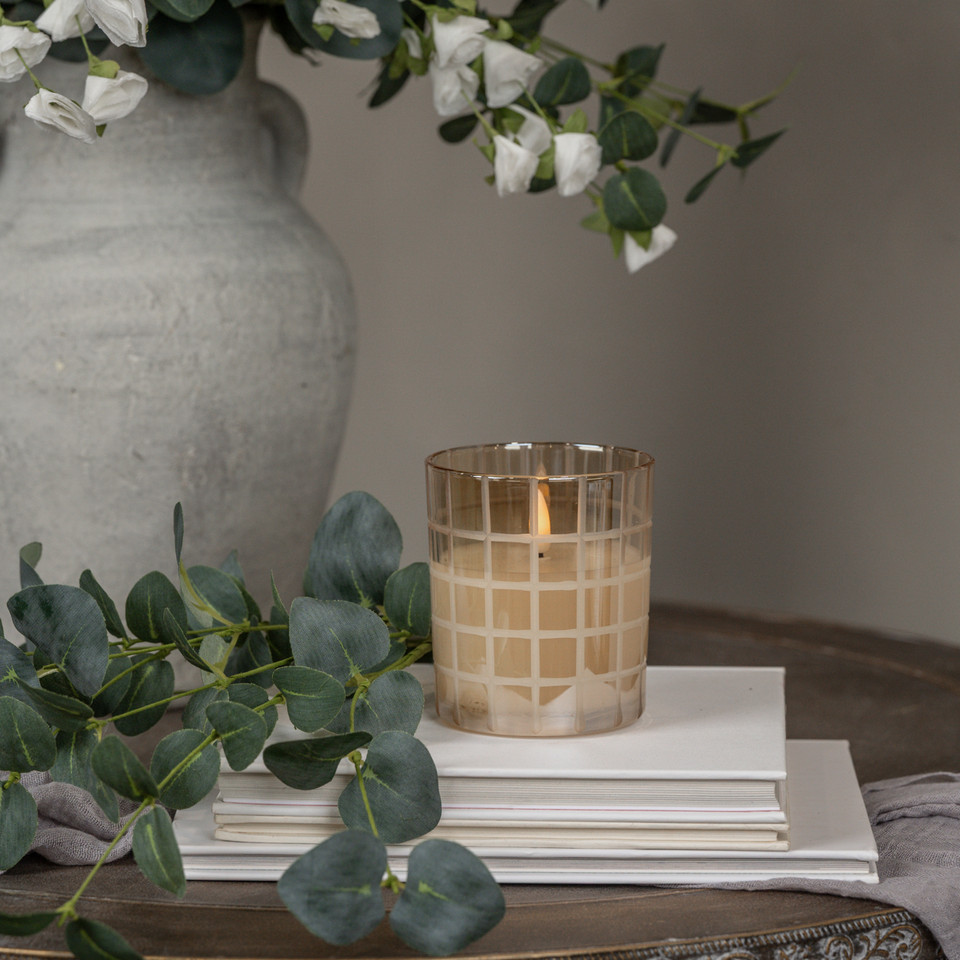 4" ETCHED GRID CHAMPAGNE 3D FLAME CANDLE