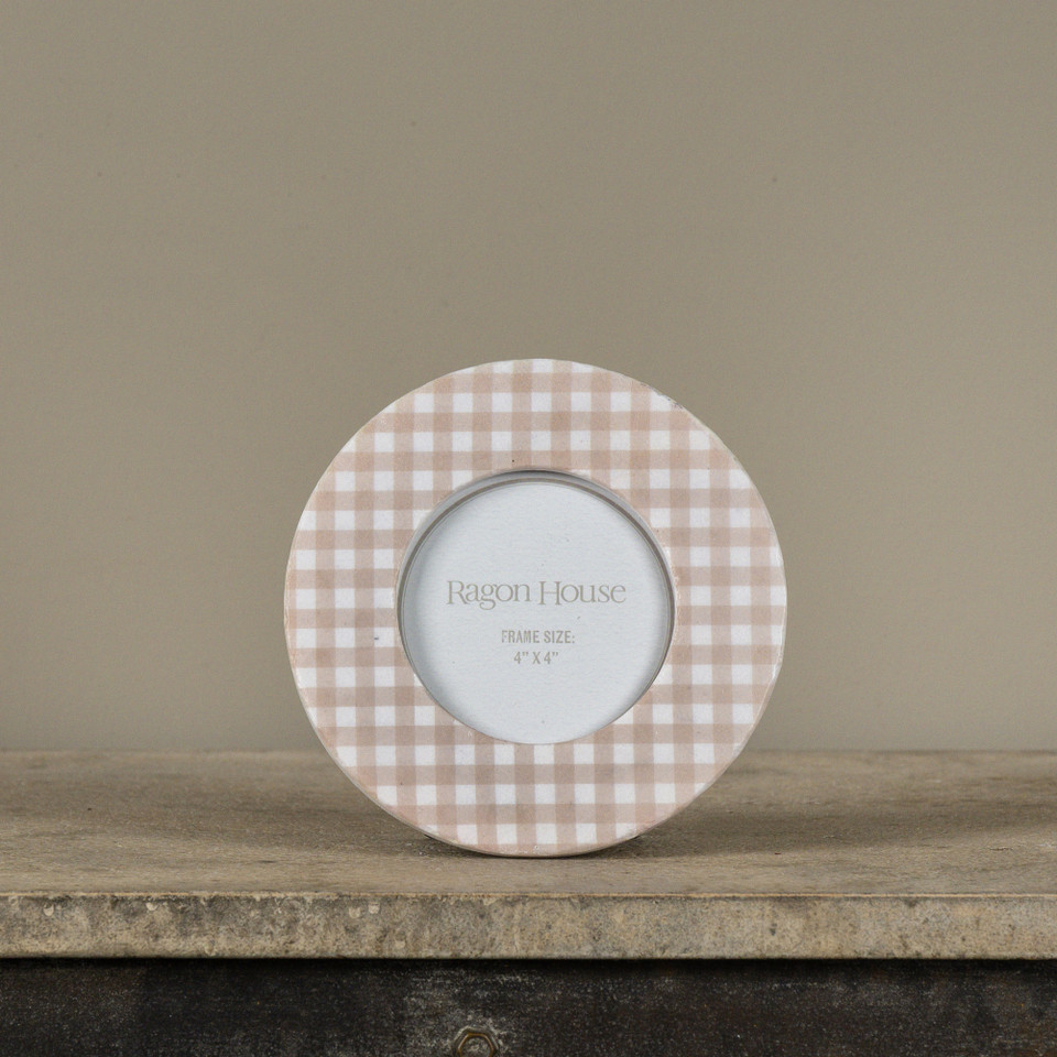 4" ROUND BEIGE GINGHAM PHOTO FRAME