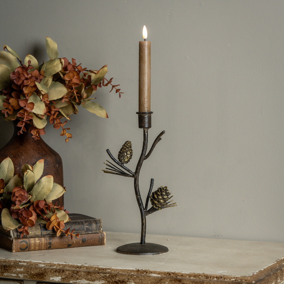 10.25" TREE W/ BIRD & PINECONE TAPER CANDLE HOLDER