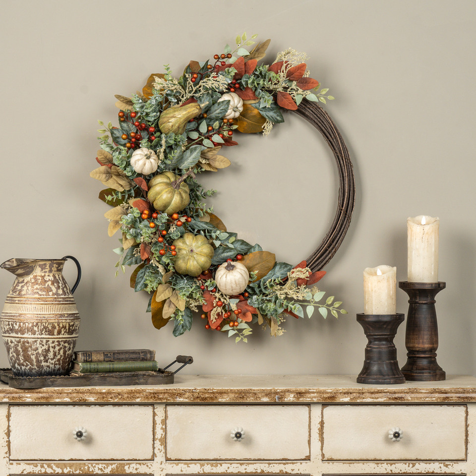 32" PUMPKIN, EUCALYPTUS & BERRIES TWIG WREATH