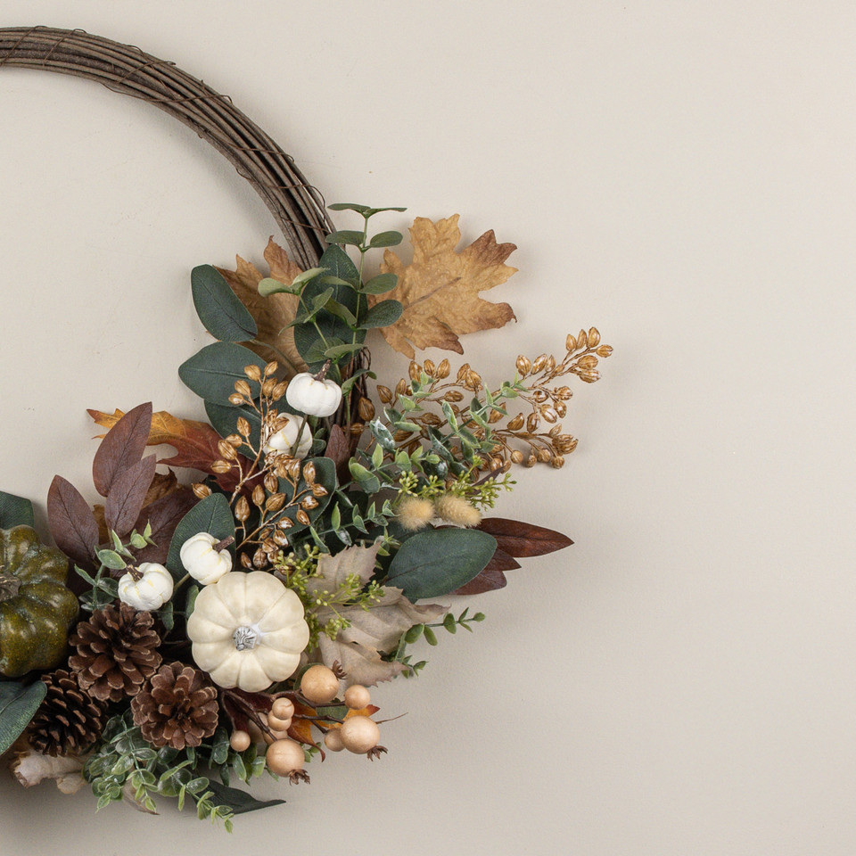 26" PUMPKIN, EUCALYPTUS, PINECONES & BERRIES TWIG WREATH