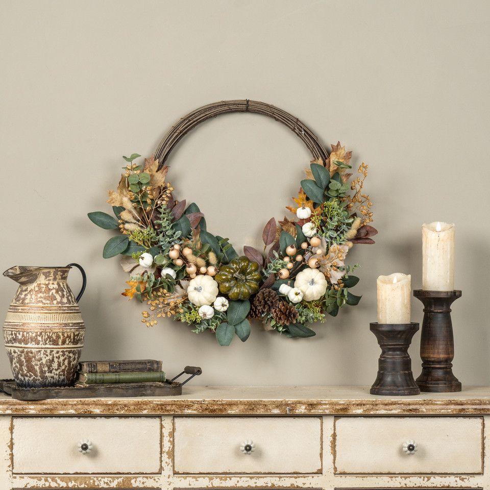 26" PUMPKIN, EUCALYPTUS, PINECONES & BERRIES TWIG WREATH