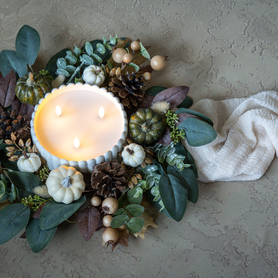 16" PUMPKIN, EUCALYPTUS, PINECONES & BERRIES CANDLE RING