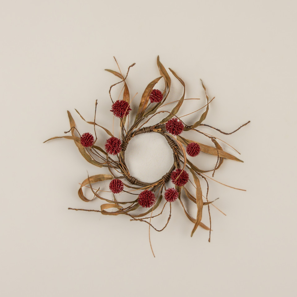 12" BURGUNDY POM POM & FAUX TWIG CANDLE RING