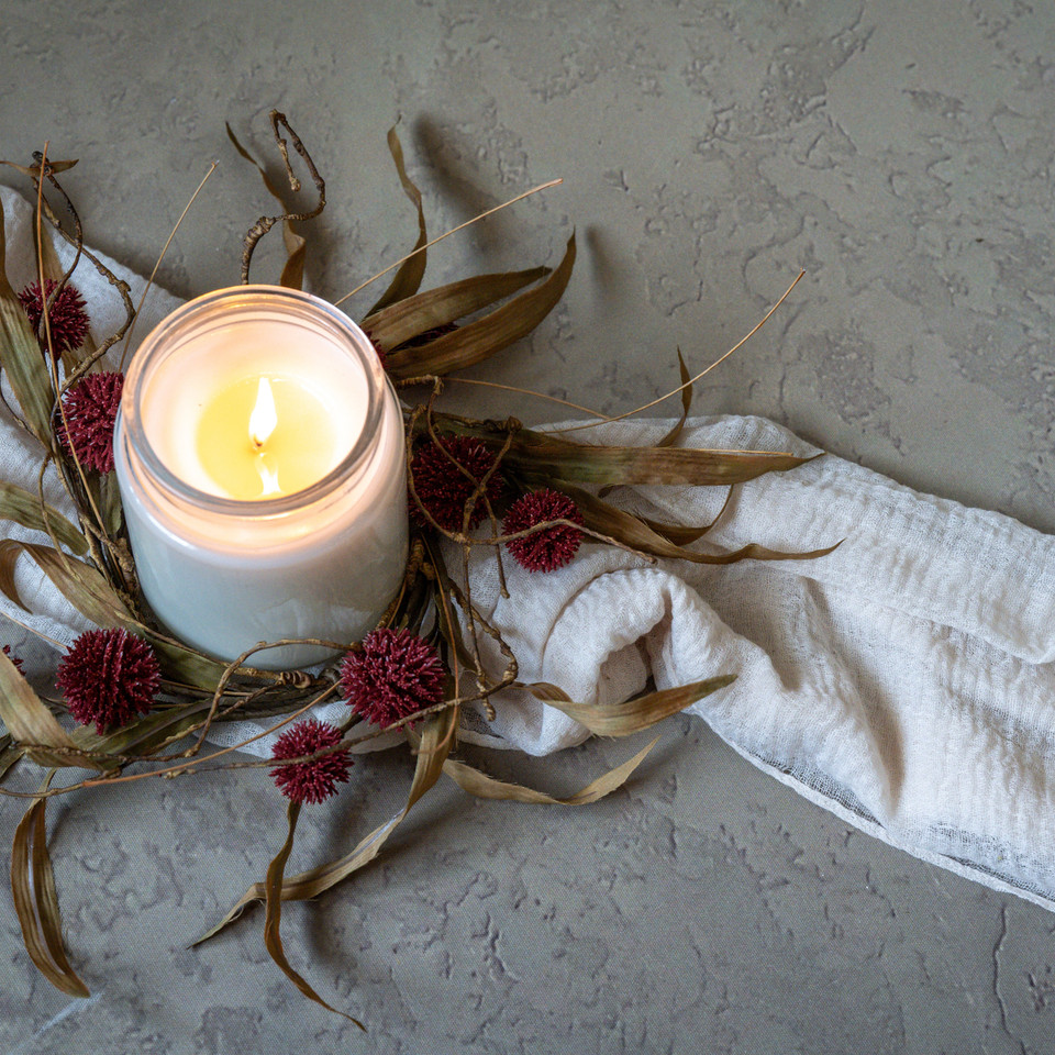 12" BURGUNDY POM POM & FAUX TWIG CANDLE RING