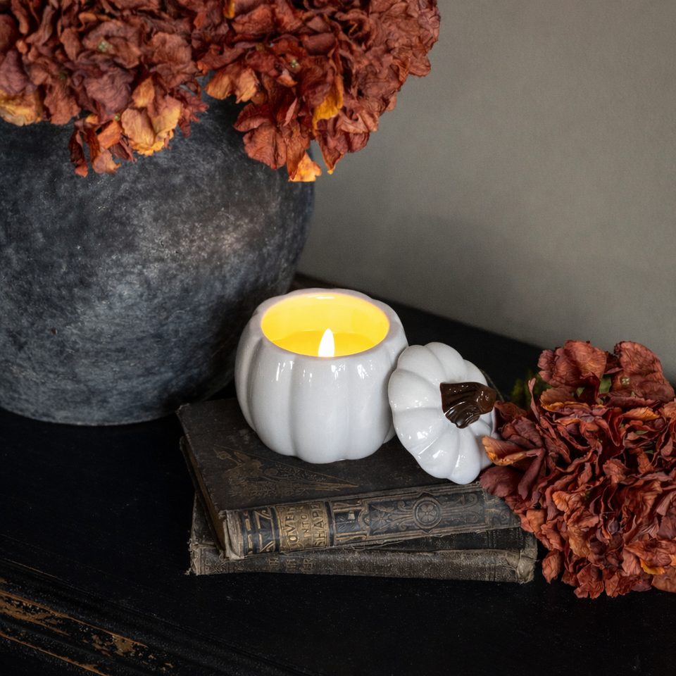 4" WHITE CERAMIC PUMPKIN CANDLE