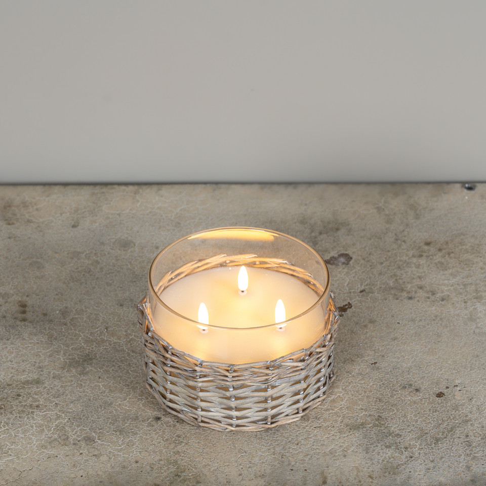 4" WOVEN WICKER GLASS 3 WICK 3D FLAME CANDLE