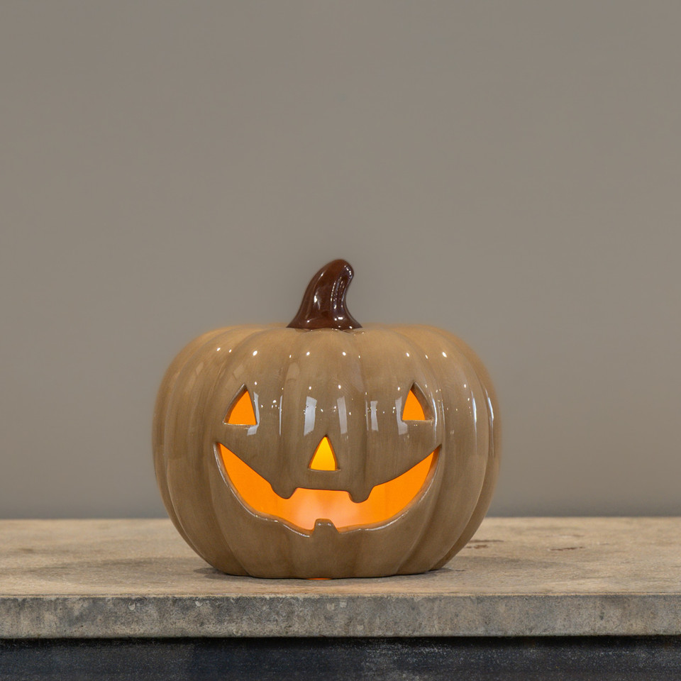 6.25" BEIGE CERAMIC LED PUMPKIN