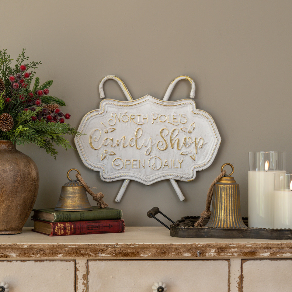 14" WHITE & GOLD CANDY CANE SHOP PLAQUE