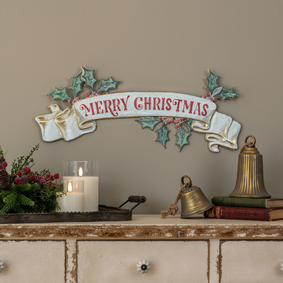 MERRY CHRISTMAS W/ HOLLY BANNER SIGN