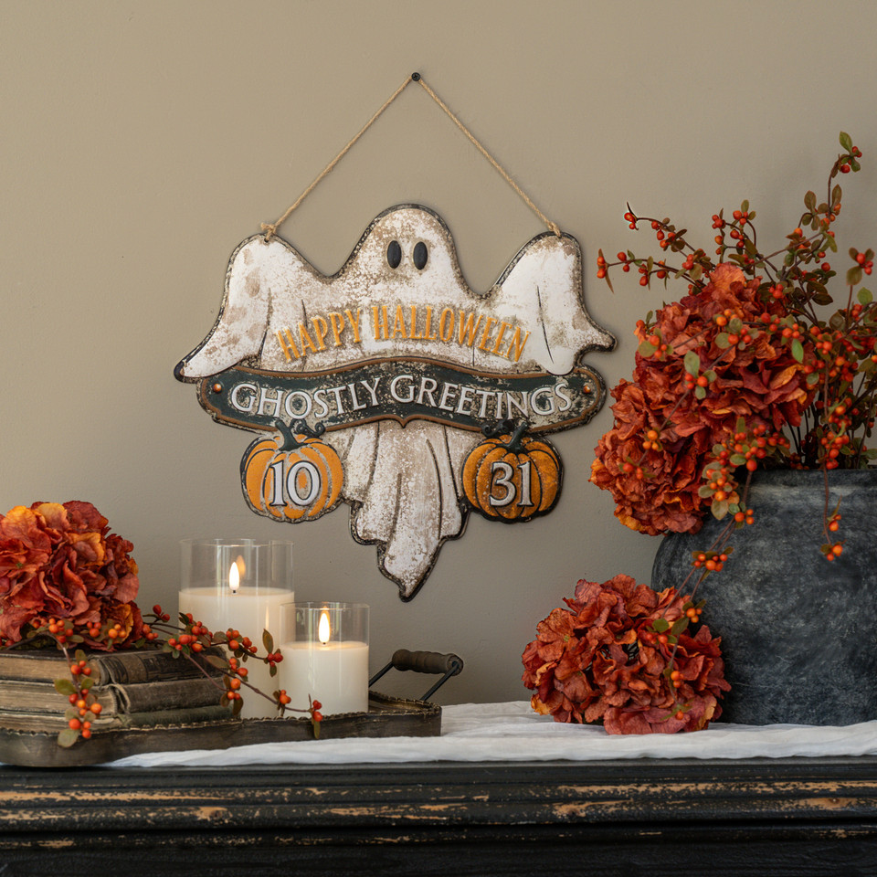 GHOSTLY GREETINGS METAL SIGN