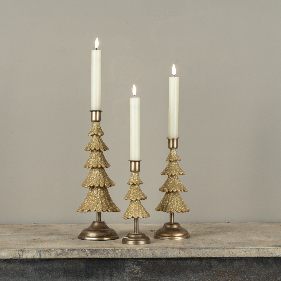 SET/ 3 GOLD TREE TAPER CANDLE HOLDERS