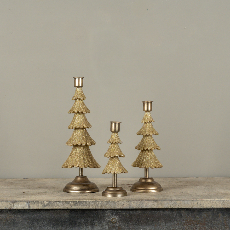 SET/ 3 GOLD TREE TAPER CANDLE HOLDERS