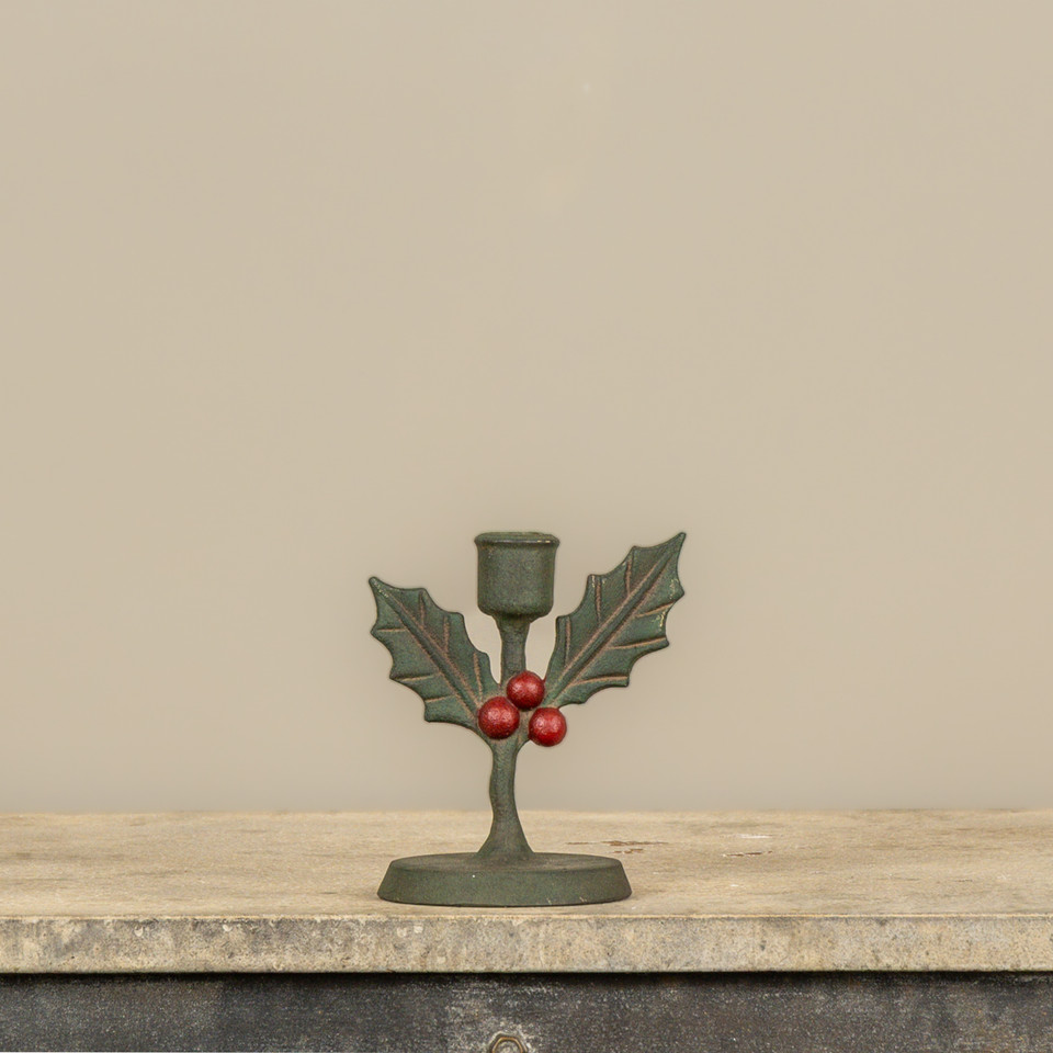 5.5" HOLLY & BERRIES TAPER CANDLE HOLDER