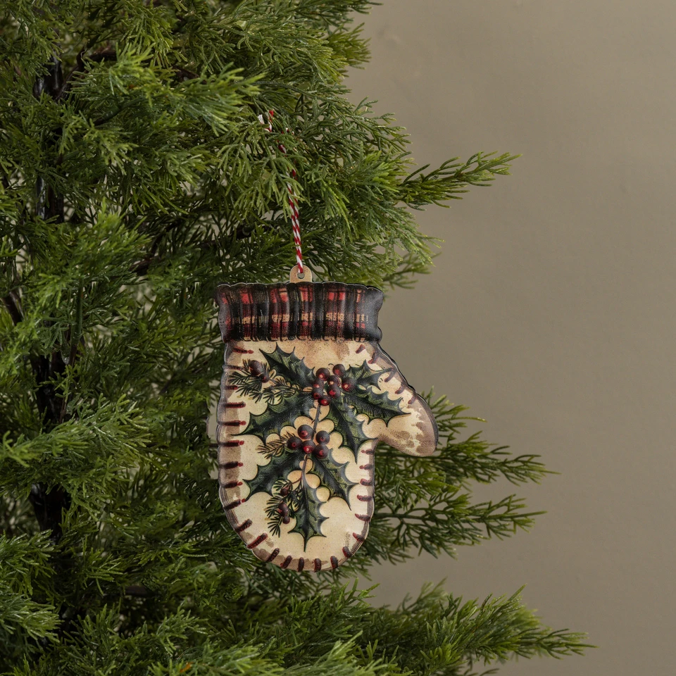 6.5" HOLLY MITTEN METAL ORNAMENT