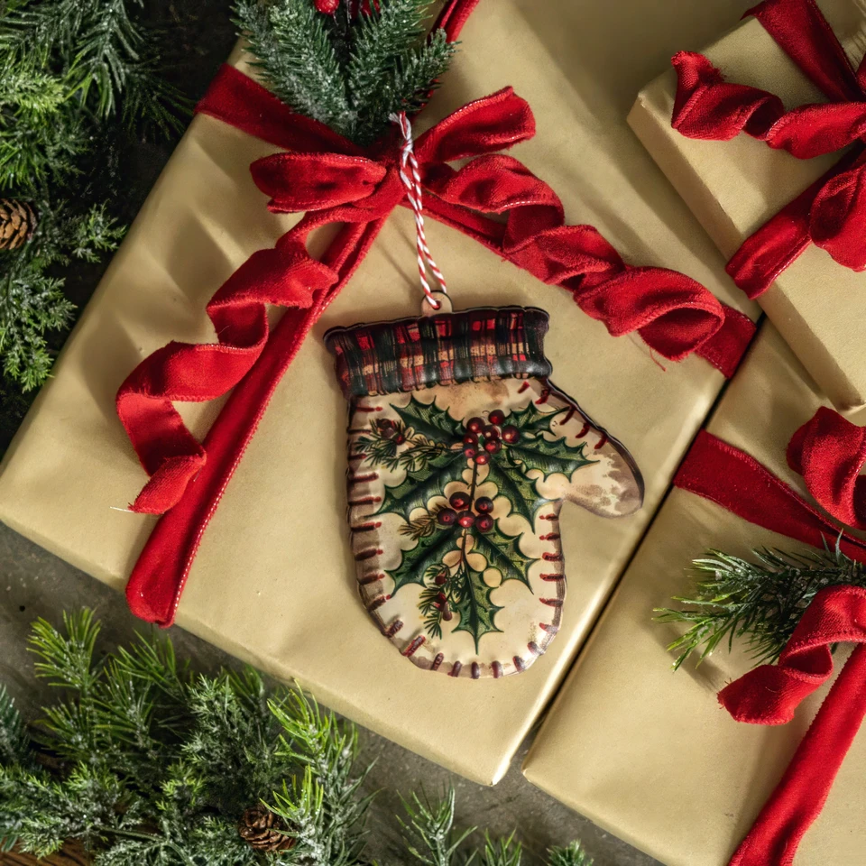 6.5" HOLLY MITTEN METAL ORNAMENT