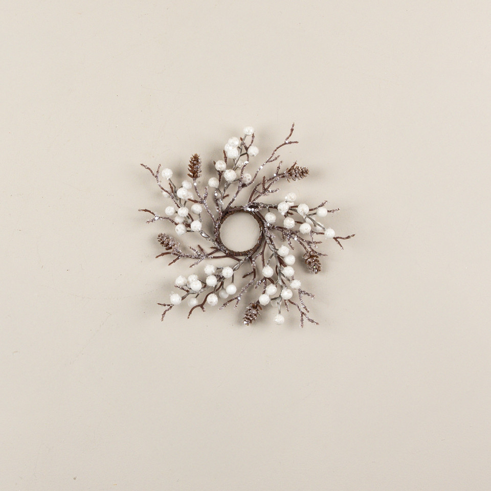 8" FROSTED TWIG & PINECONE W/ WHITE BERRIES TAPER CANDLE RING