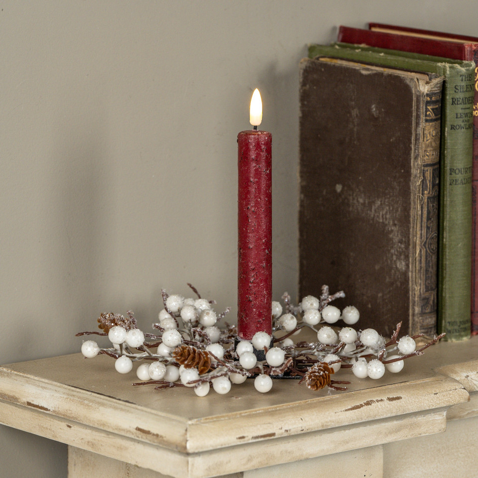 8" FROSTED TWIG & PINECONE W/ WHITE BERRIES TAPER CANDLE RING
