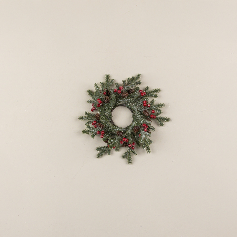 10" FROSTED PINE, RED BERRIES & PINECONE CANDLE RING