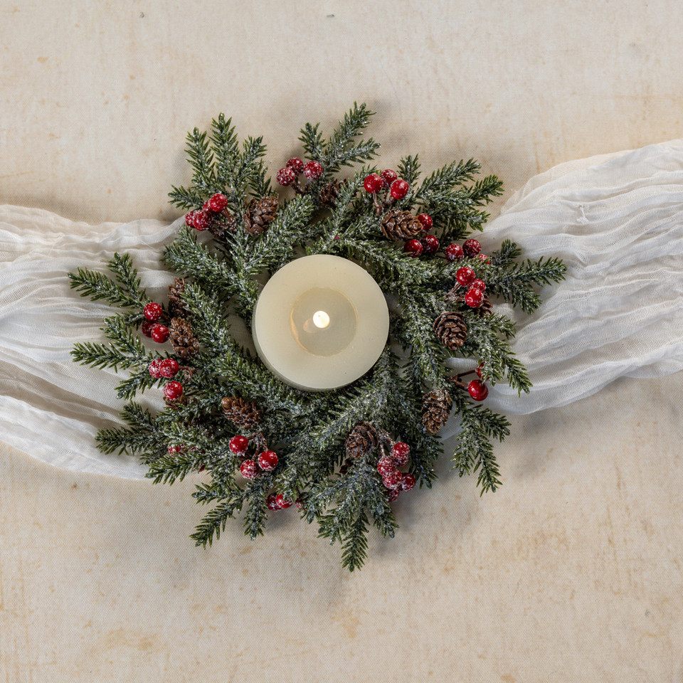 10" FROSTED PINE, RED BERRIES & PINECONE CANDLE RING