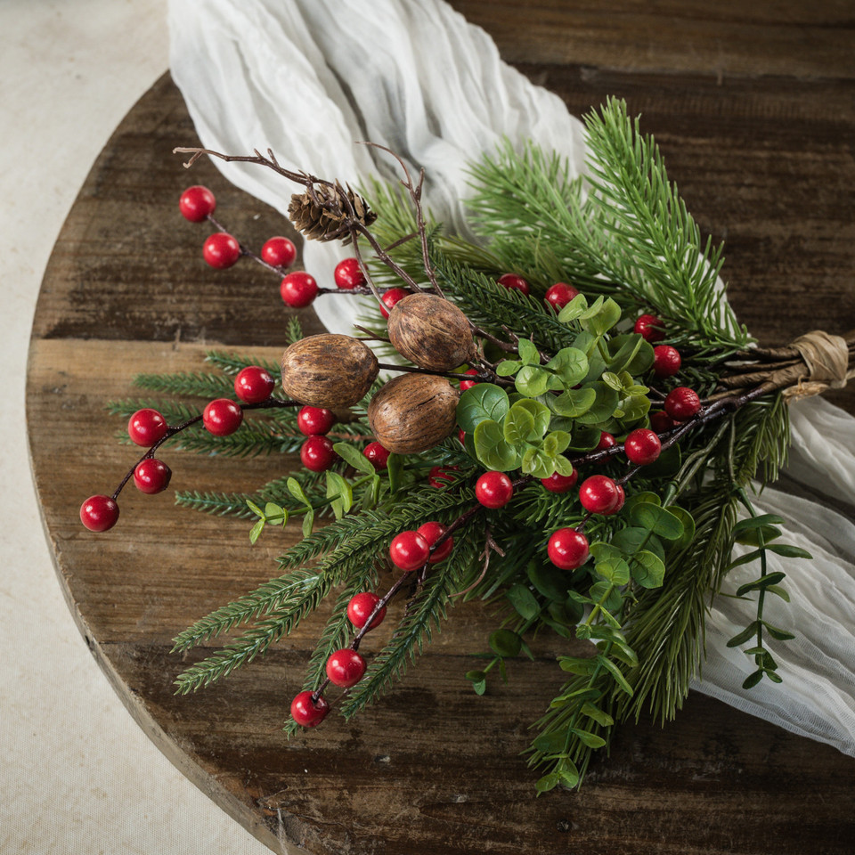 19" MIXED PINE BOUQUET W/ RED BERRIES & NUTS