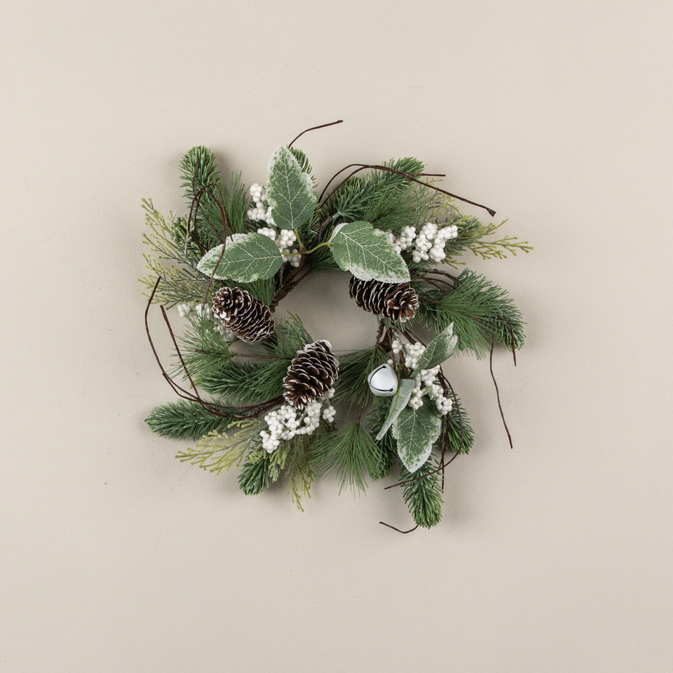 14" PINE W/ WHITE BERRIES & BELLS CANDLE RING